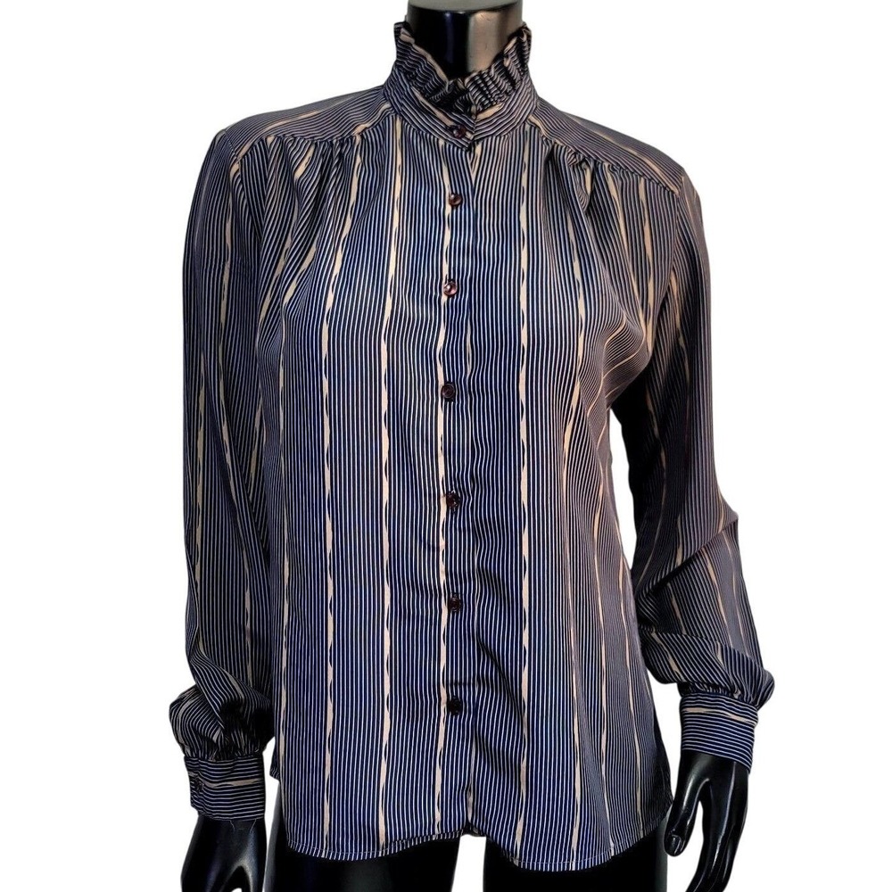 Vintage Nordstrom Town Square Navy Tan Striped Ruffle Neck Blouse Secretary Top